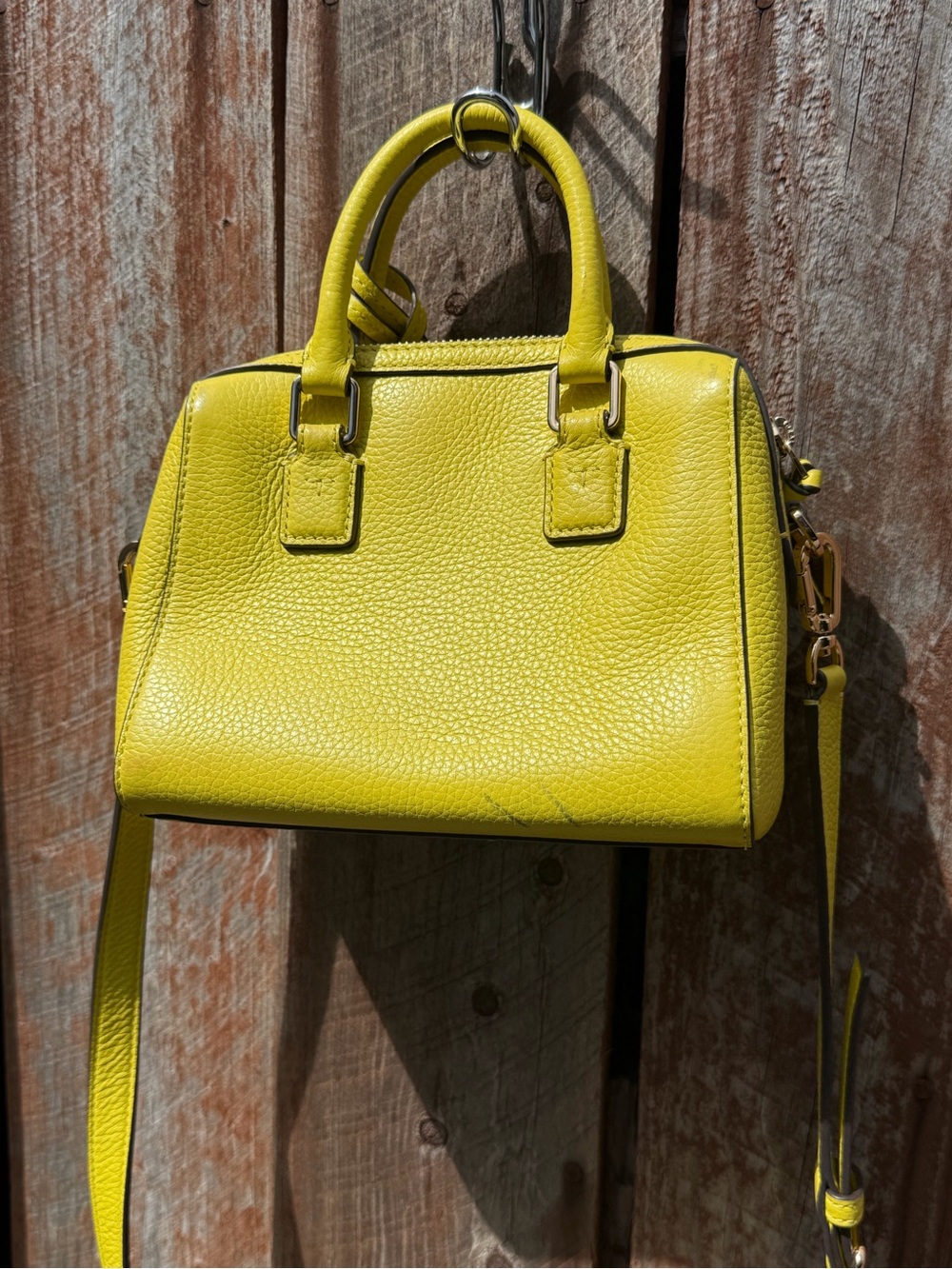 Tory Burch Thea Web Mini Lemon Yellow Pebbled Leather Satchel with Tasse - Picture 3 of 4